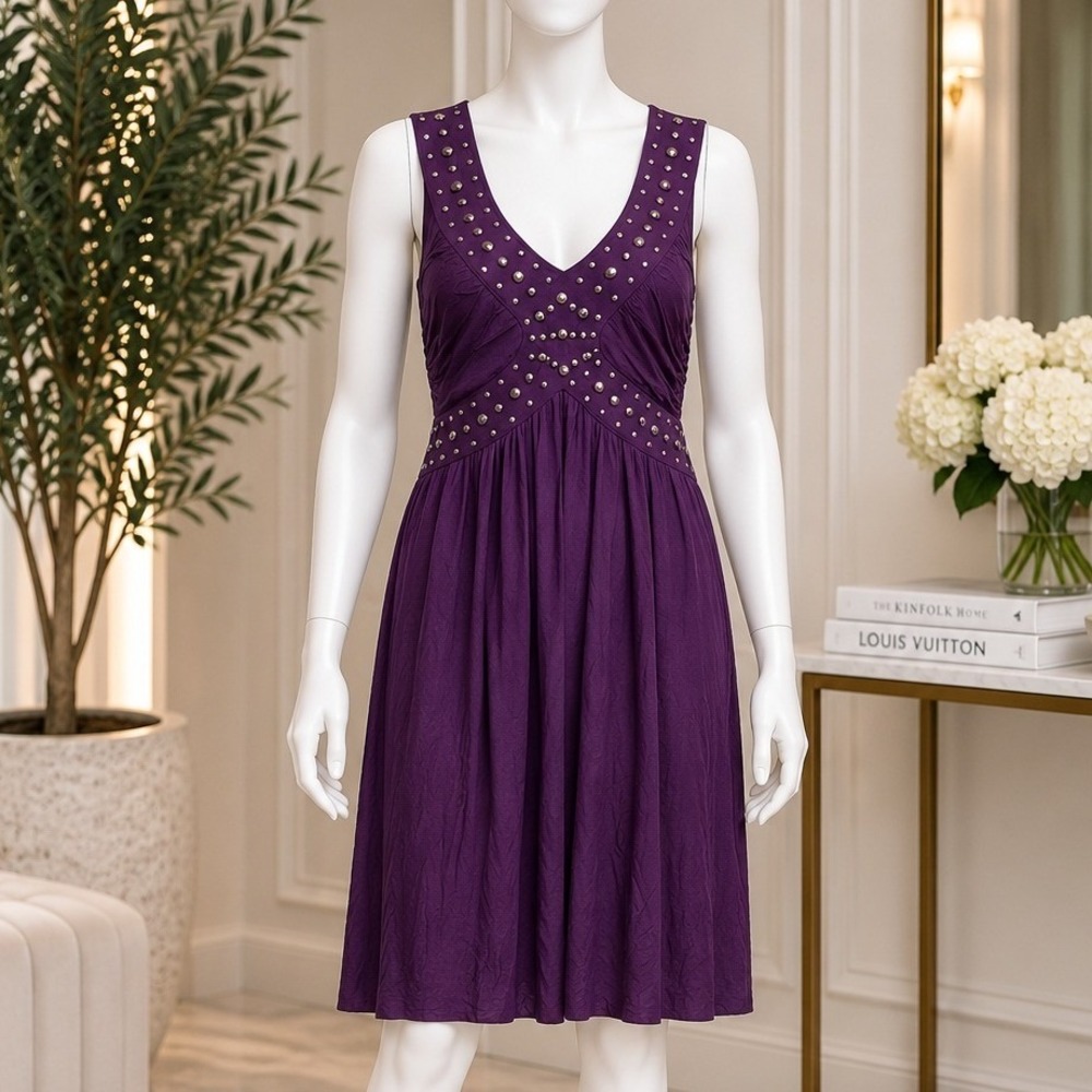 Design History Womens Dress Studded Empire Waist V-Neck Purple Size Medium